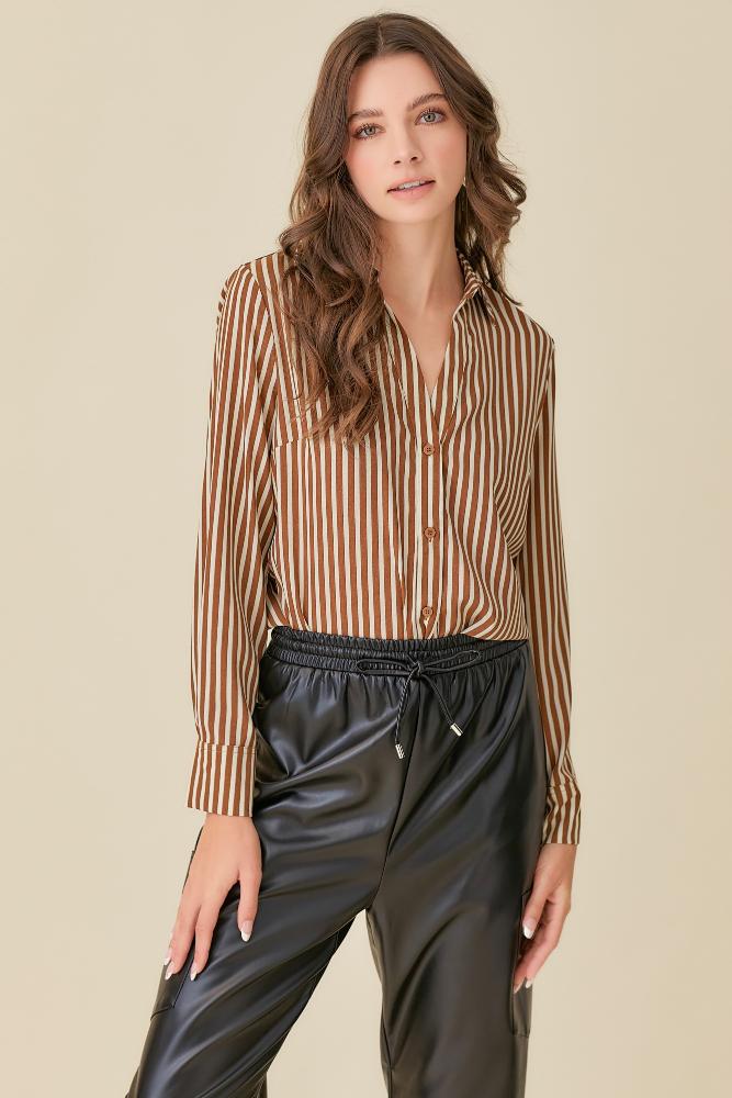 Excited For You Striped Button Down Shirt: COFFEE