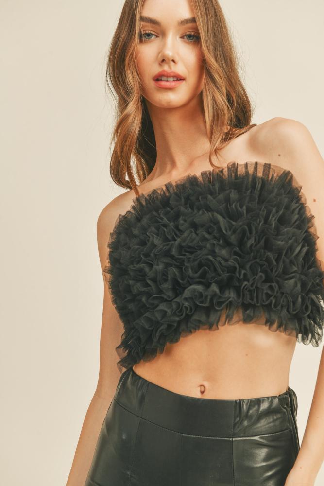 Check Yes or No Ruffle Crop Top: BLACK