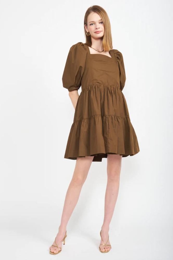 Fal In Love Puff Sleeve Dress: OLIVE