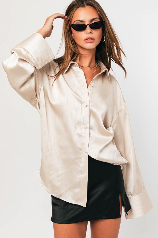 Live For This Striped Oversized Button Up Shirt: CREAM
