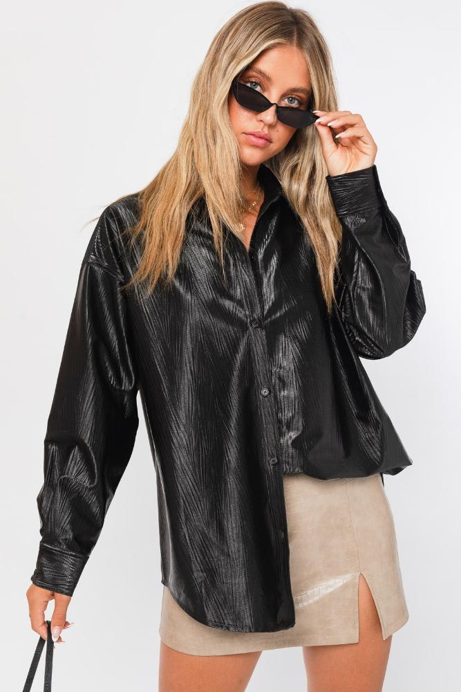 Here For Now Faux Leather Oversized Button Up Shirt: BLACK