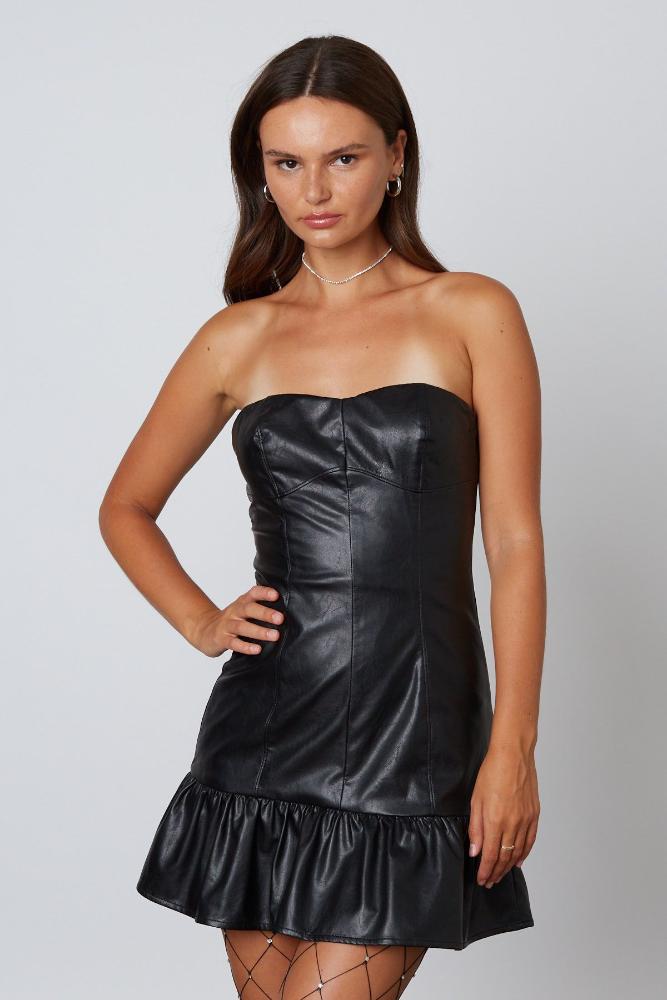 Game Day Chic Leather Strapless Dress: BLACK