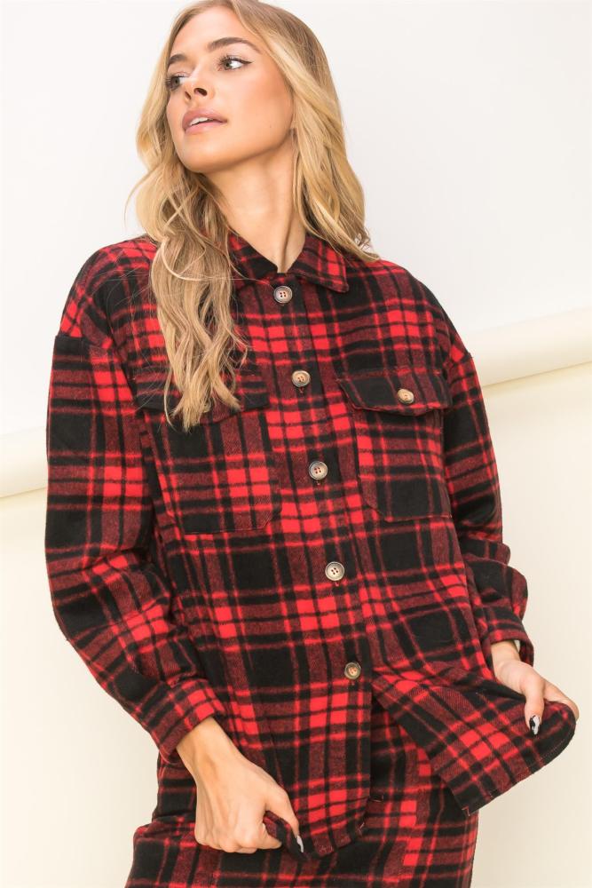 Standout Plaid Button Up Shacket: RED