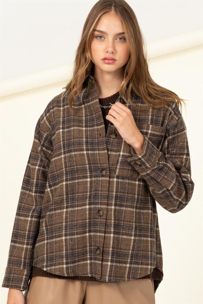 Pretty In Plaid Button Up Flannel: BROWN