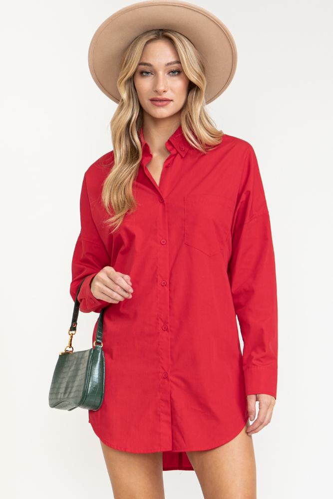Whole Picture Oversized Collared Shirt Dress: RED