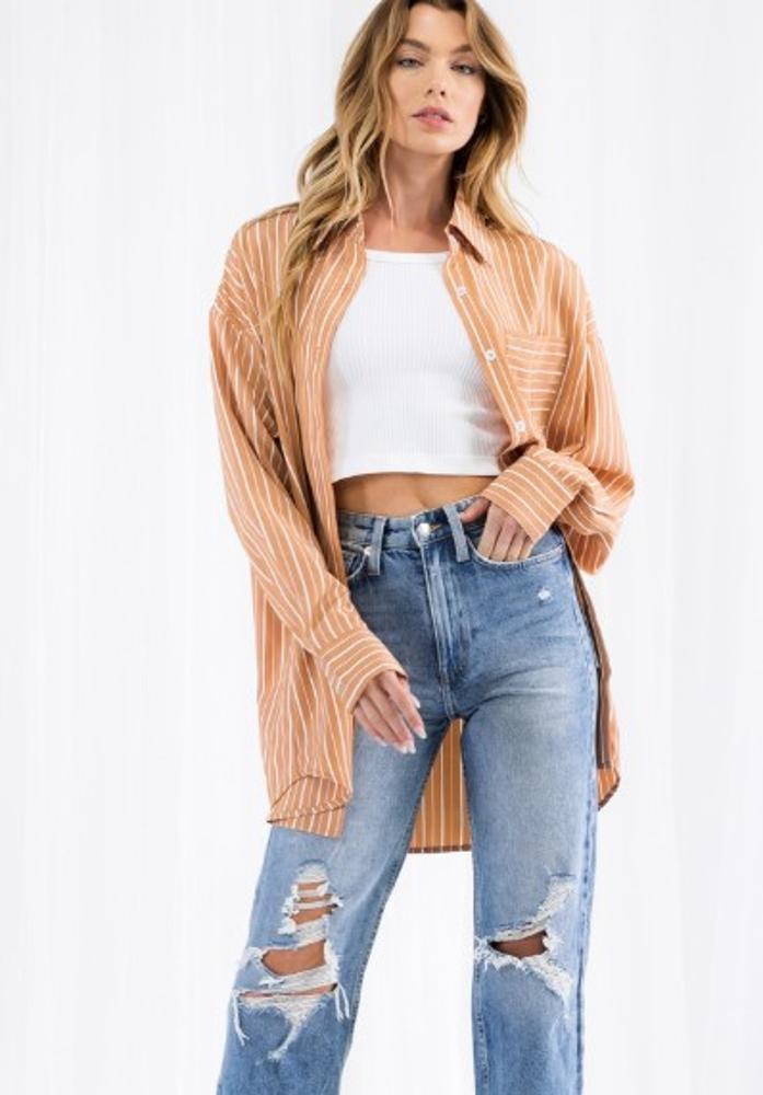 Step Away Striped Oversized Shirt: TAUPE