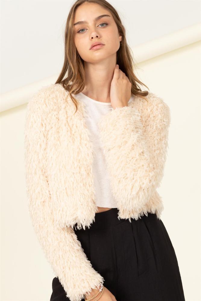Forever Yours Cropped Feather Detail Jacket: CREAM
